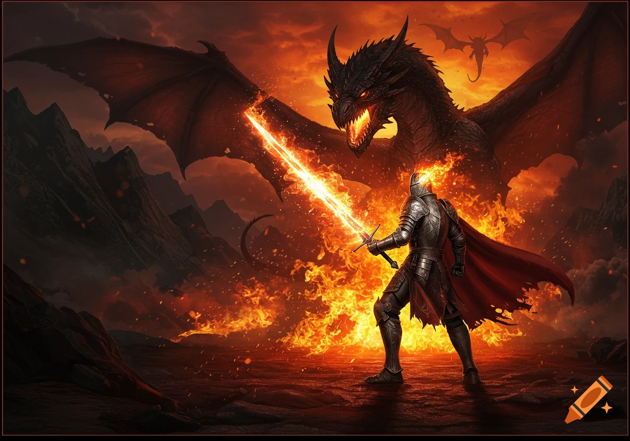 A knight with a flaming sword battles a black dragon in a fiery, volcanic landscape under an orange sky.