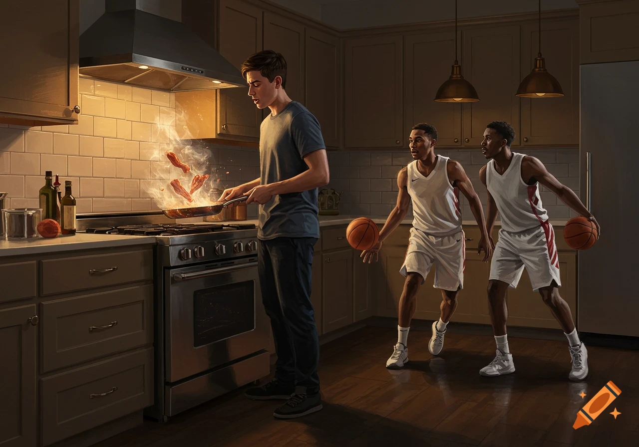 A man cooks in a kitchen, flipping food in a pan, while two basketball players dribble balls behind him in a realistic illustration.