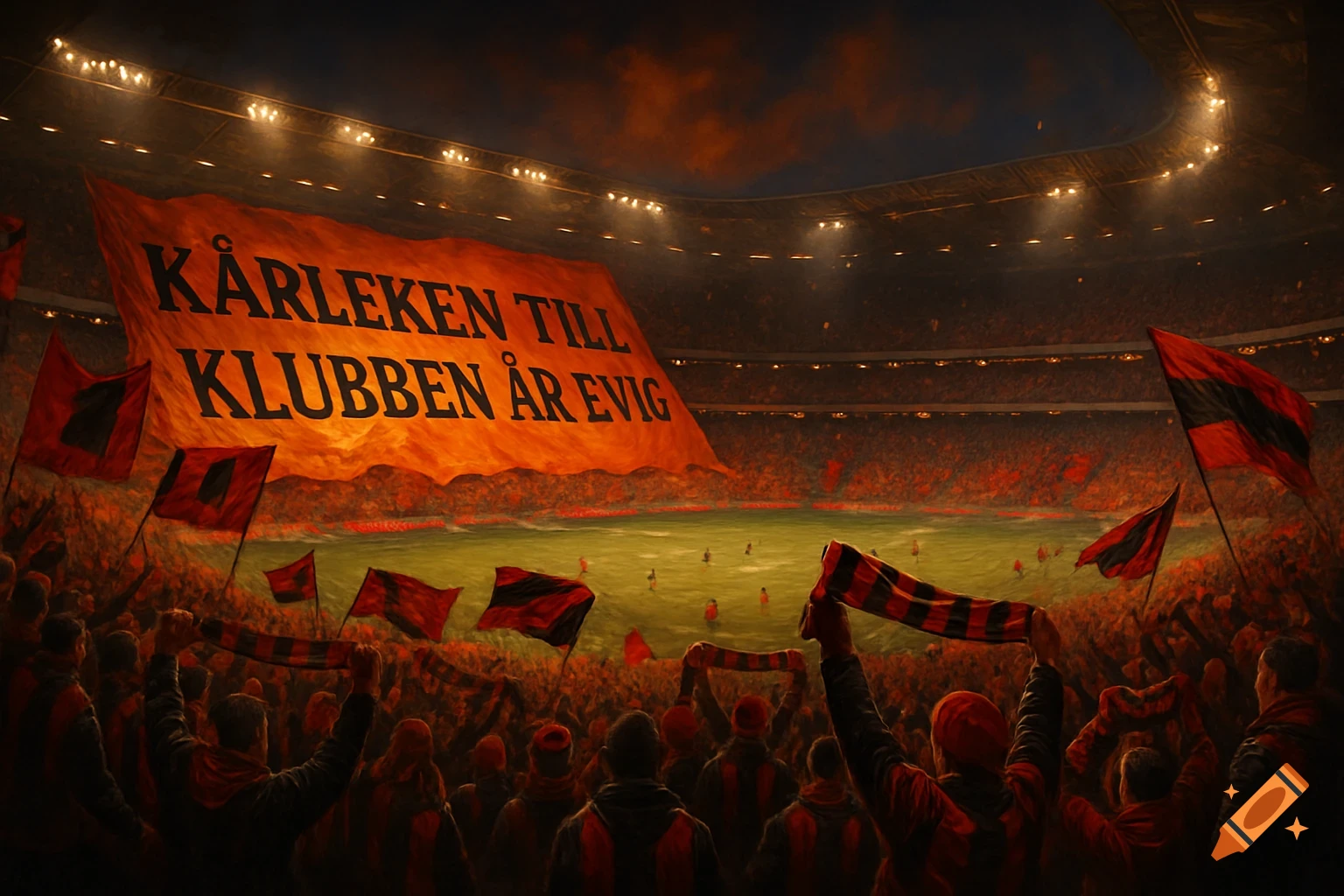 A packed soccer stadium at night, with a large orange banner displaying "KÄRLEKEN TILL KLUBBEN ÄR EVIG" and fans in red and black waving flags and scarves.