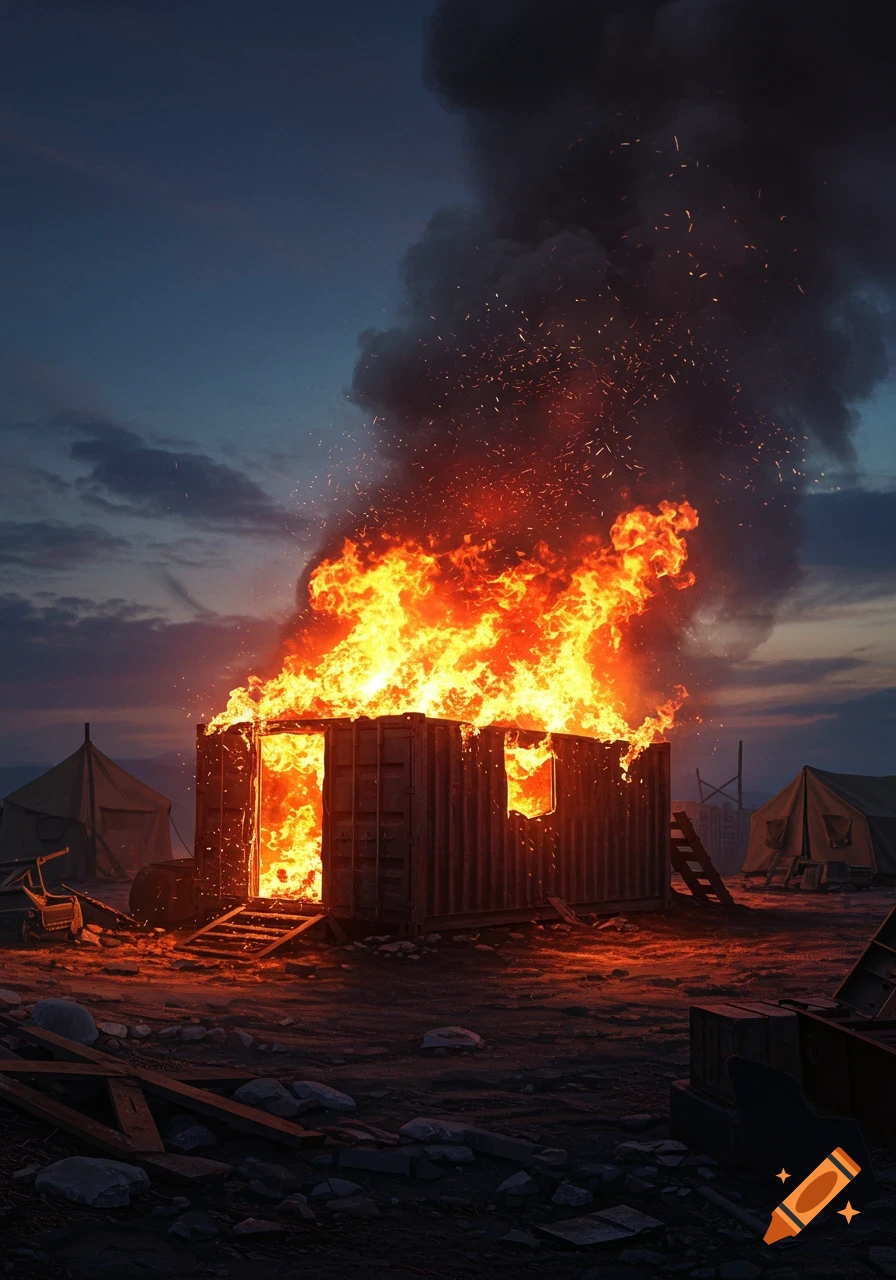 Photorealistic image of a metal cabin container on fire, thick smoke rising into the evening sky over a camp with tents.