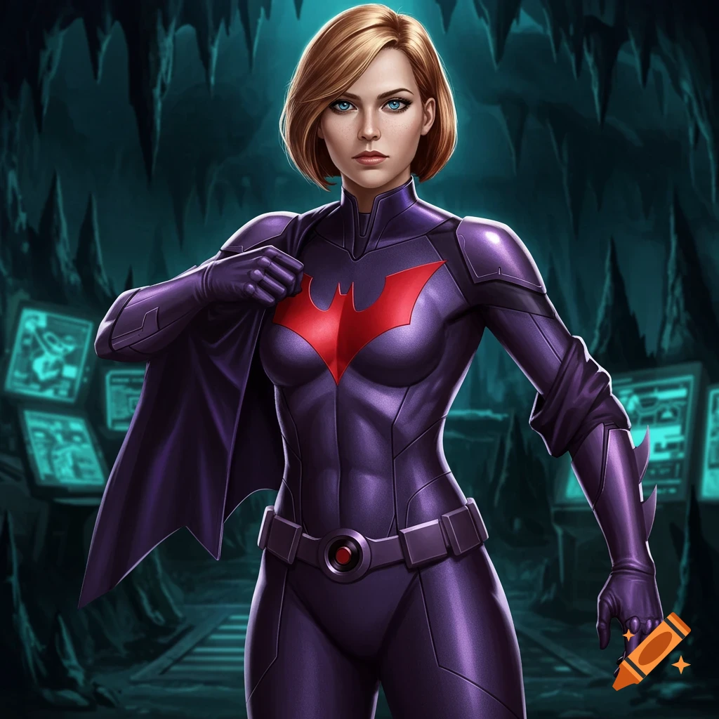 A woman with short blonde hair and blue eyes wears a purple Batman Beyond suit with a red bat symbol in a dark, cave-like setting.