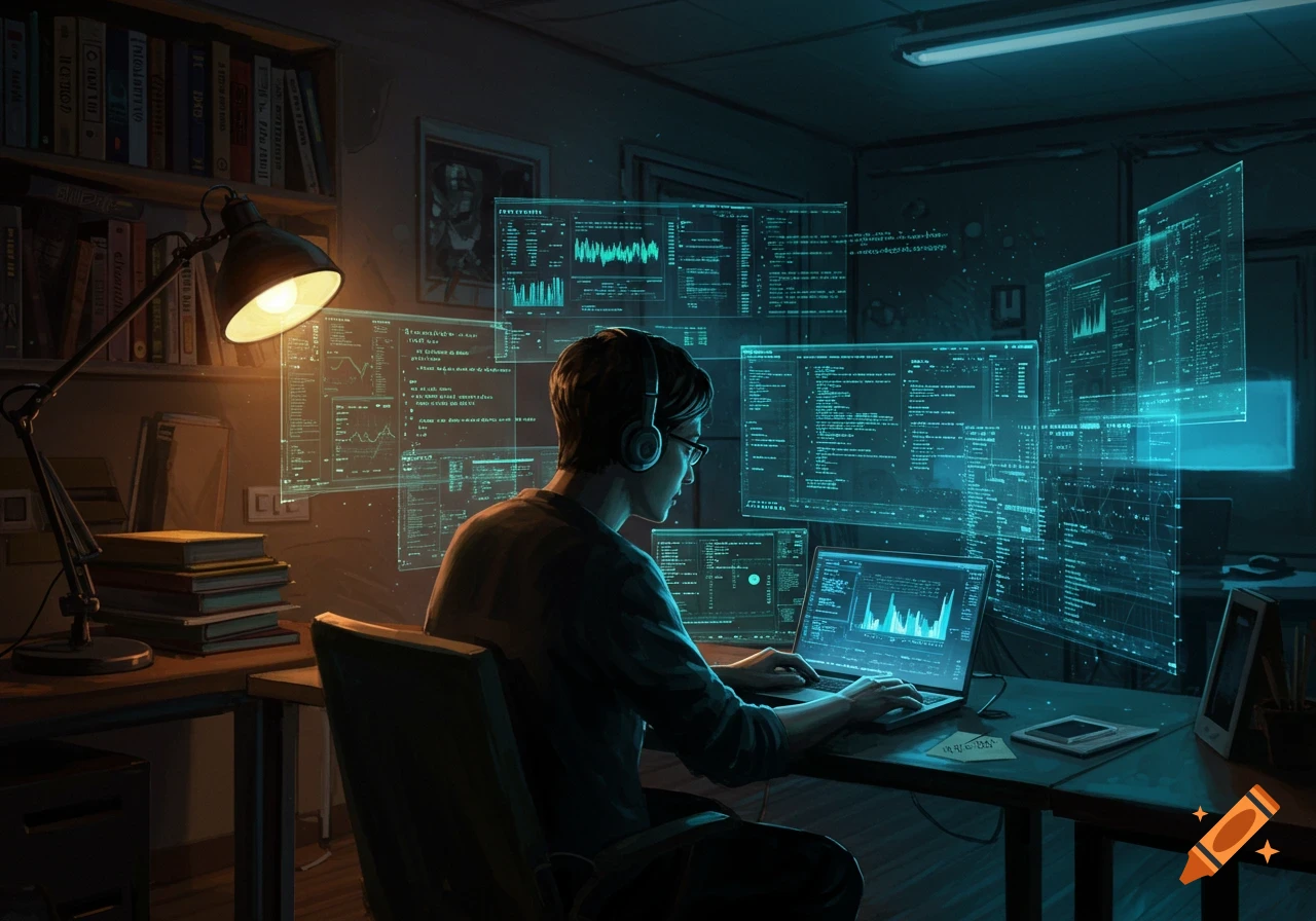 A male AI developer with headphones works on a laptop surrounded by glowing holographic screens in a dark, futuristic room.