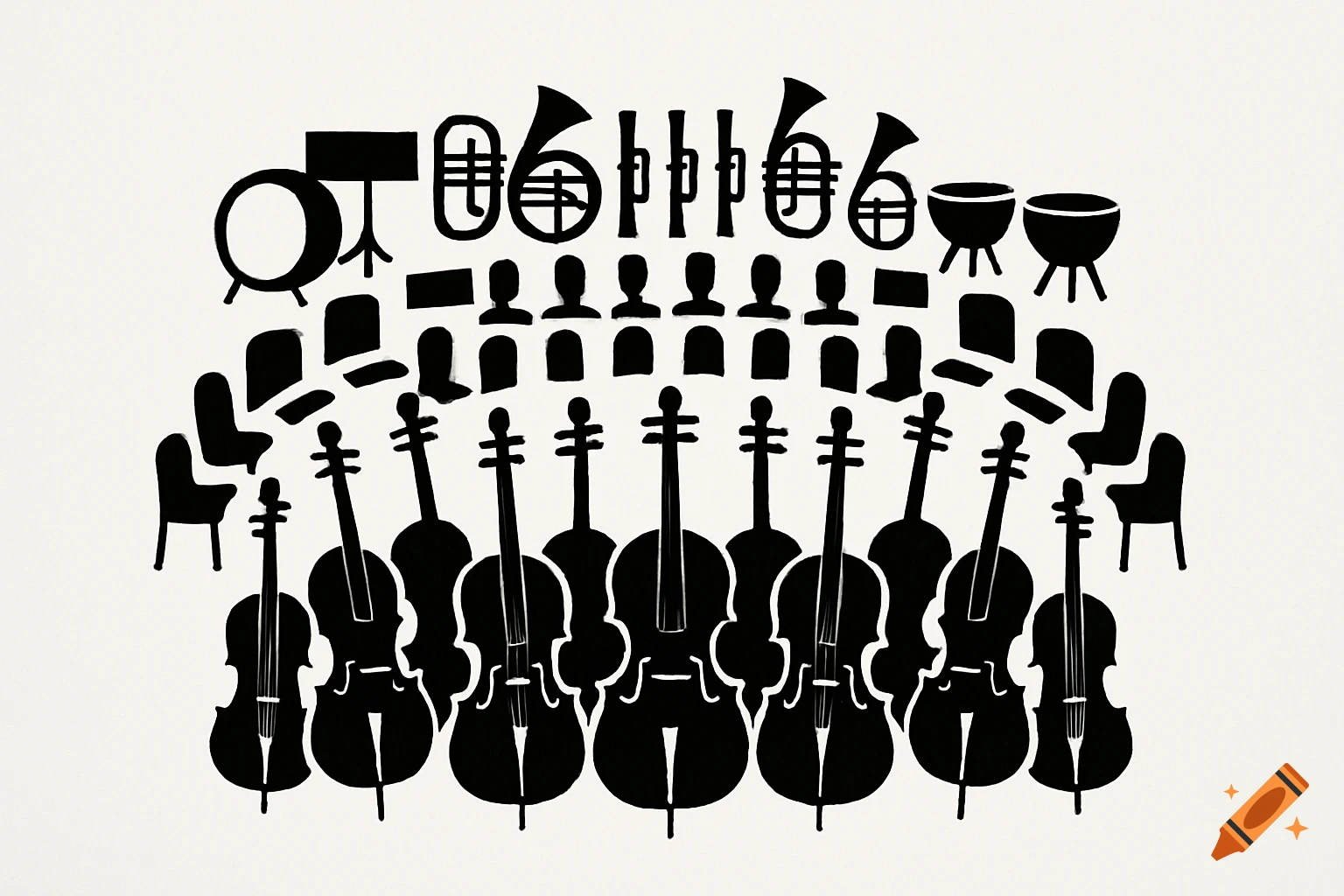Minimalist black silhouette of an orchestra setup on a white background, featuring cellos, brass instruments, drums, and chairs.