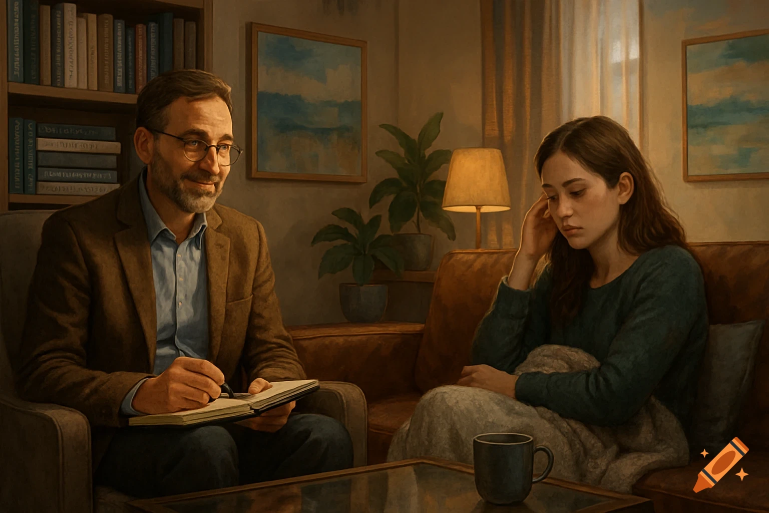 A male therapist with glasses writes notes while a young female patient sits on a couch, looking pensive in a warmly lit office setting.