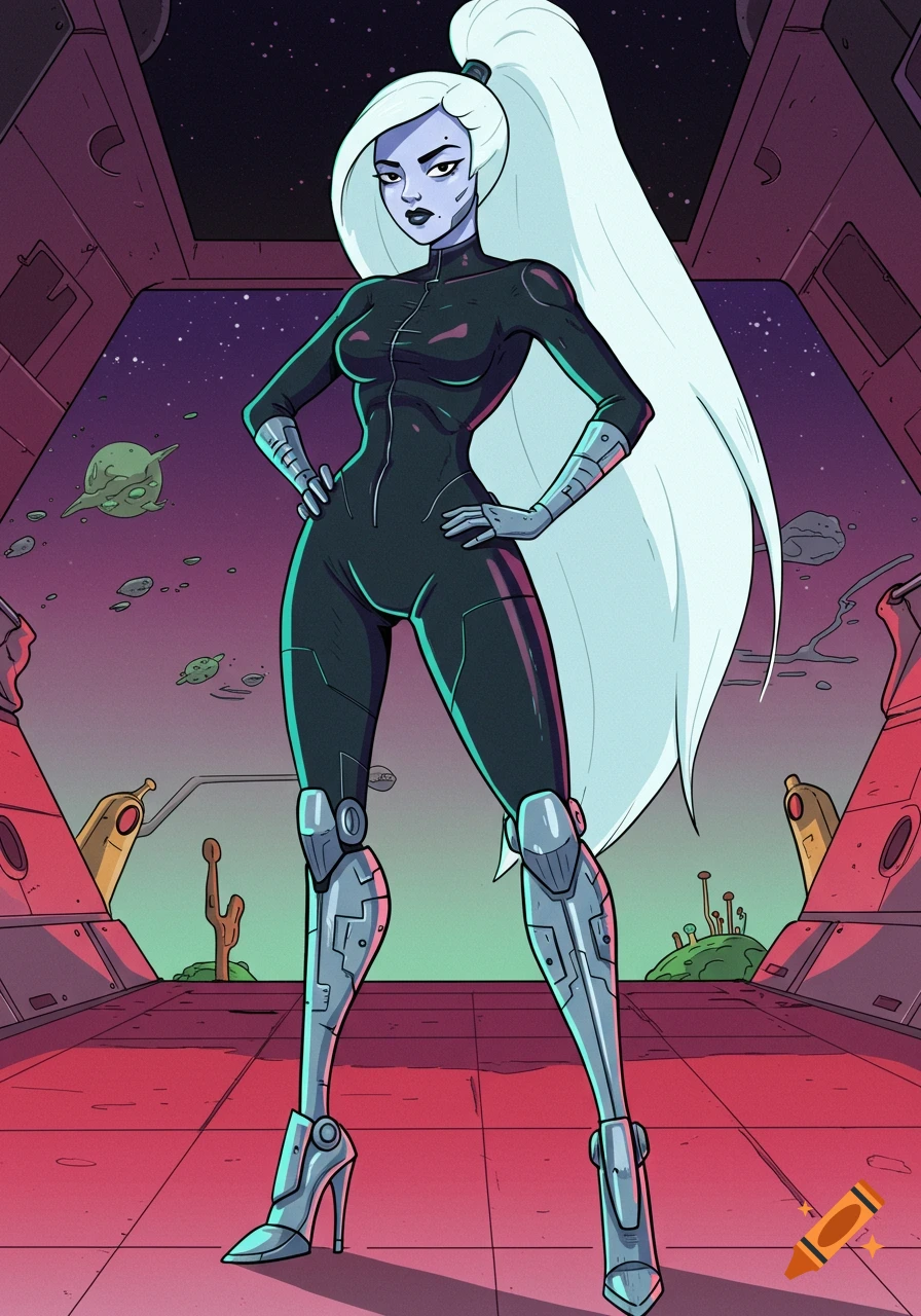 A female sci-fi bounty hunter with long white hair, black jumpsuit, and robotic stiletto legs stands in a spaceship looking out at space, in Adventure Time style.