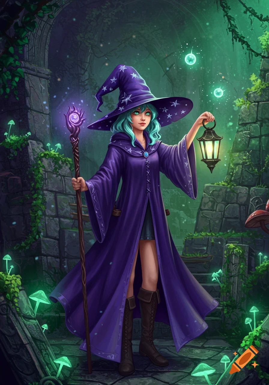 A young sorceress with blue hair, purple starry hat, and robe holds a glowing staff and lantern in dark magical ruins with glowing mushrooms, digital art.