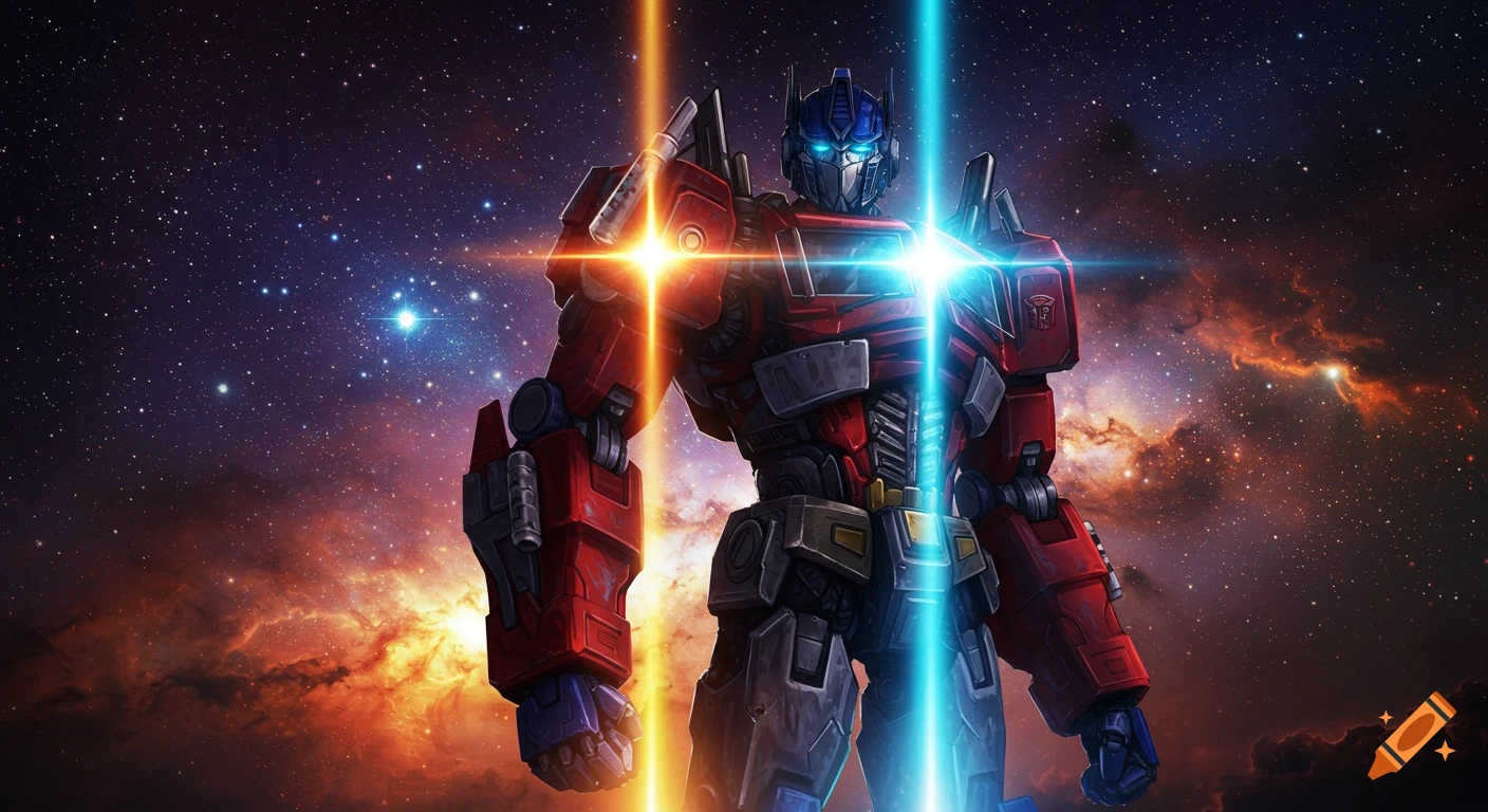 Anime style Optimus Prime robot in red and blue armor with glowing chest lights, standing against a colorful starry galaxy background.