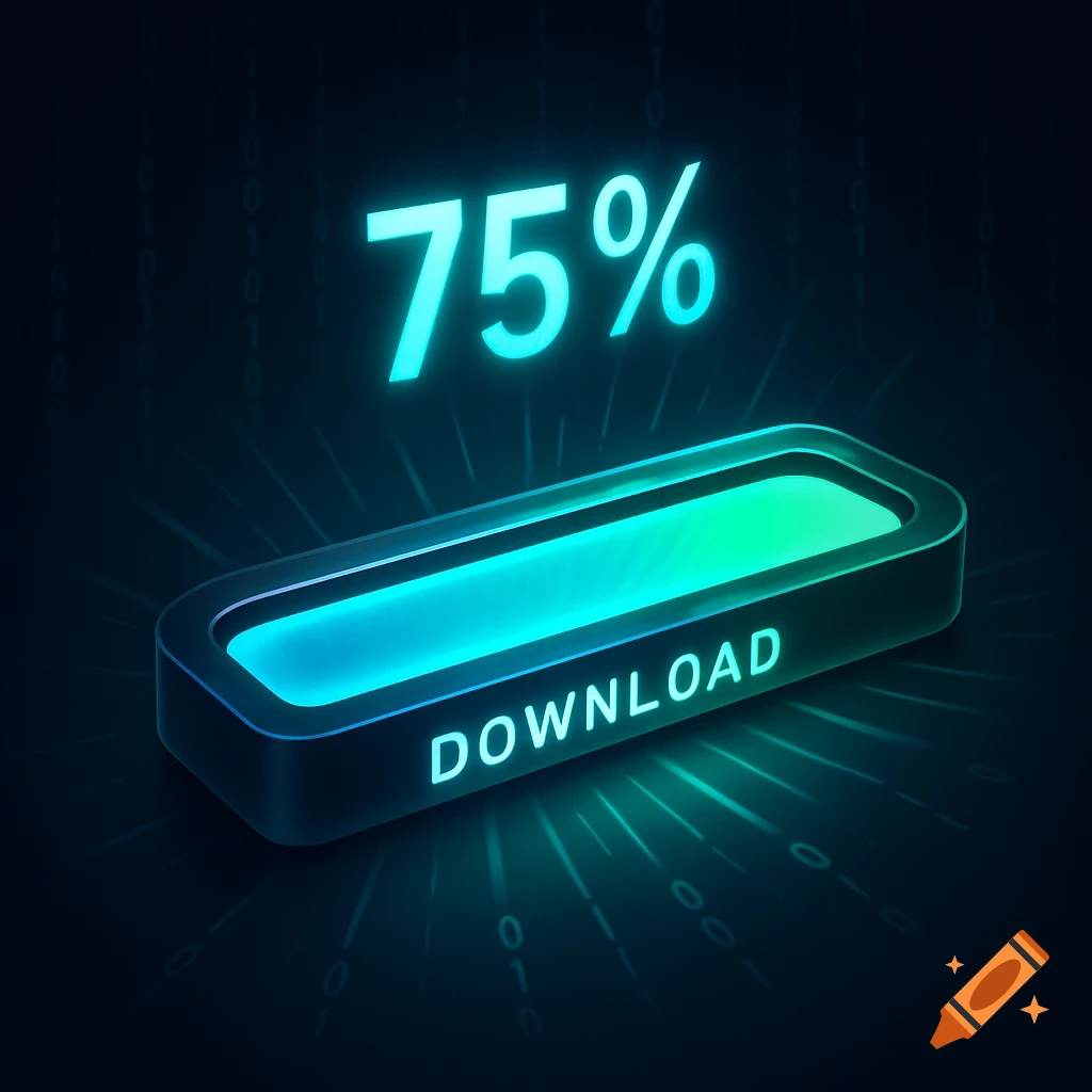 A glowing blue and green download progress bar at 75% with the word DOWNLOAD, on a dark background with binary code.