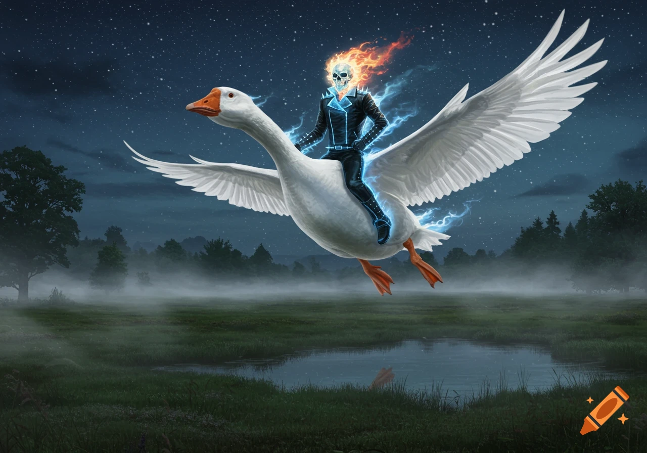 A stylized Ghost Rider, with a flaming skull and leather jacket, rides a large white goose flying over a misty swamp under a starry night sky.