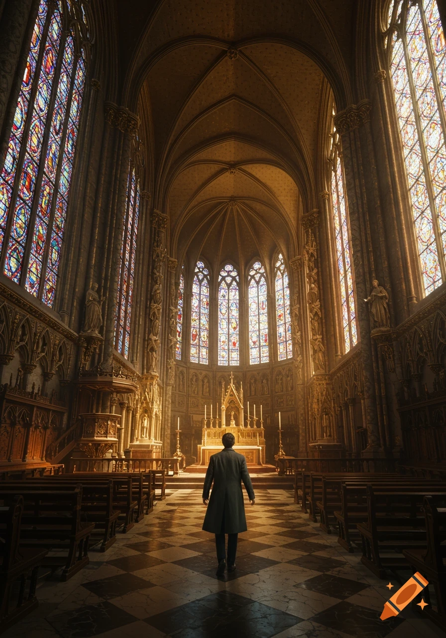 A person walks down the aisle of a grand, sunlit Gothic church with stained-glass windows and high vaulted ceilings.