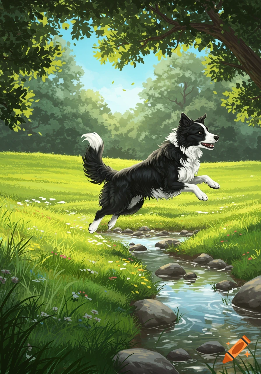 An illustrated black and white Border Collie dog jumps over a rocky stream in a vibrant green park.
