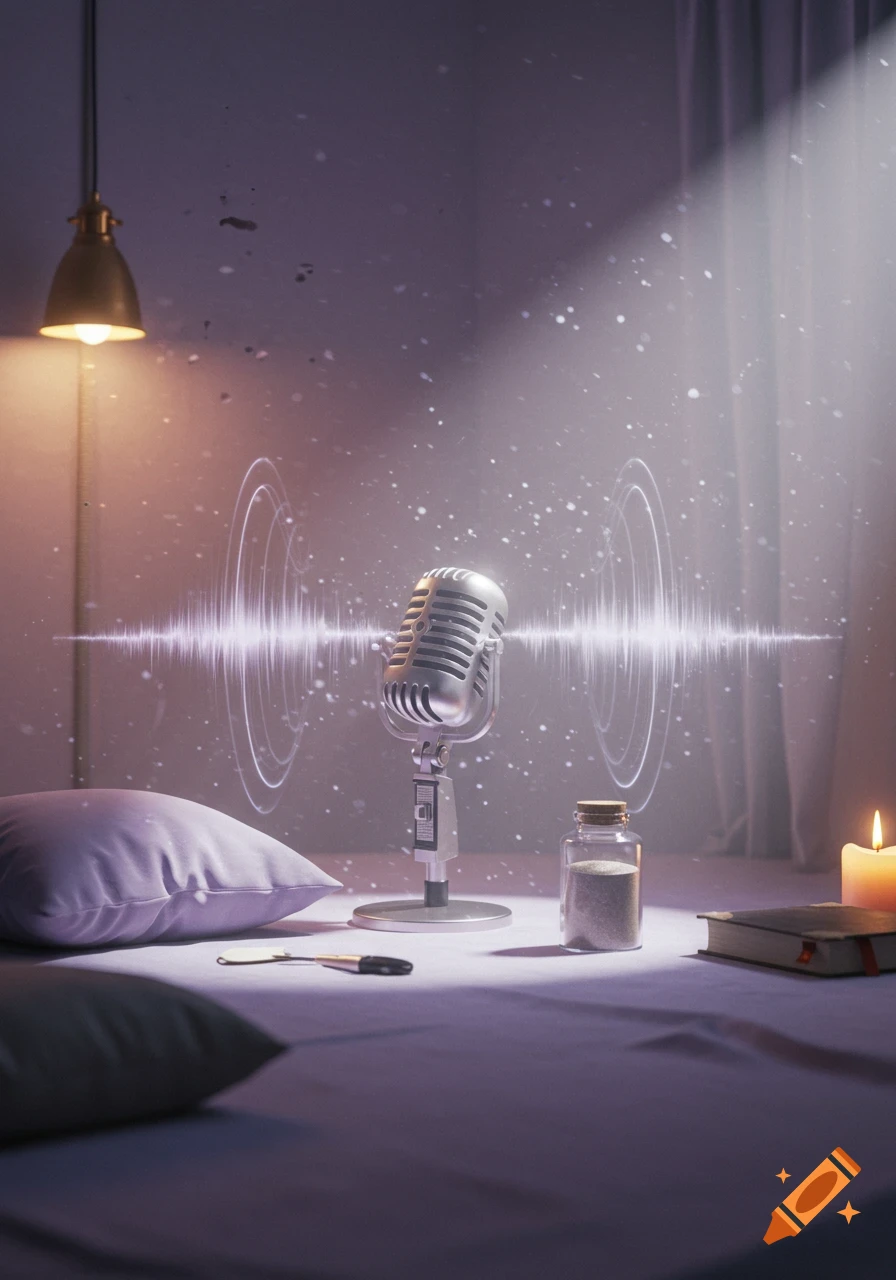 A vintage microphone with glowing sound waves and particles sits on a surface with pillows, a candle, and a book in a softly lit, ethereal room.