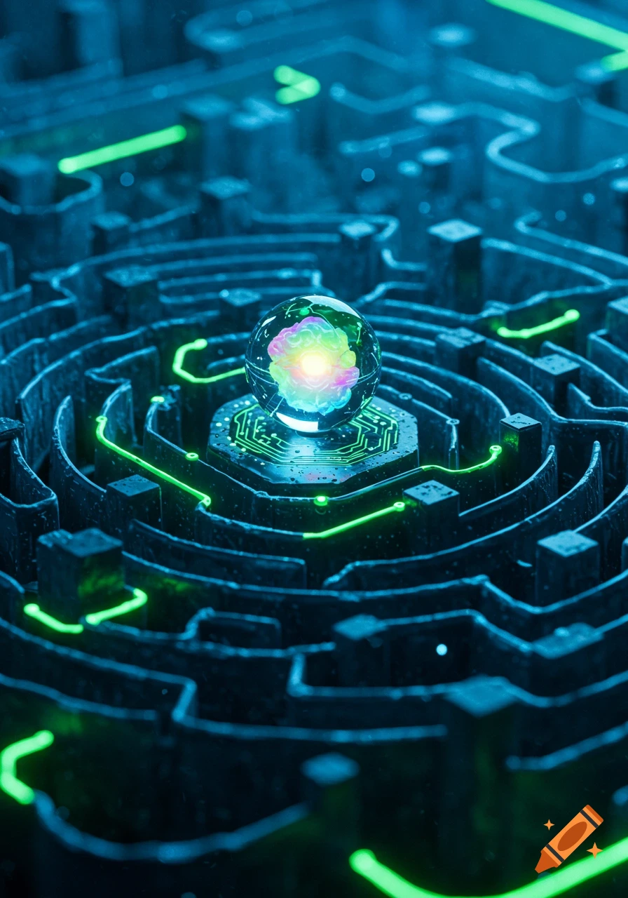 A vibrant, glowing brain-like sphere rests in the center of a dark, futuristic maze with neon green circuitry.