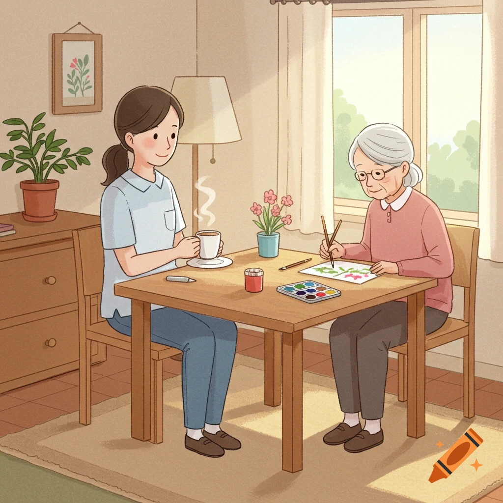 A caregiver drinks coffee while an elderly woman paints at a table in a sunny room, in a friendly illustration style.