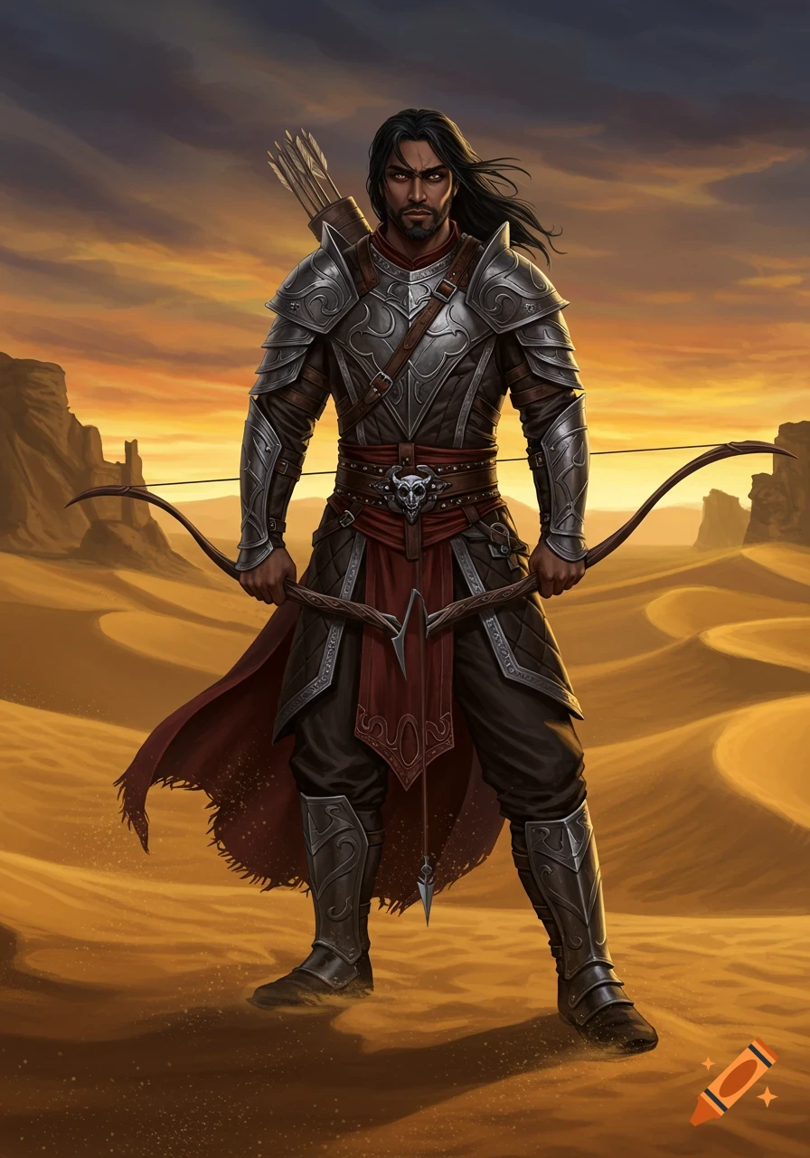 A dark-skinned male ranger in elaborate armor stands with a bow in a desert at sunset, digital painting.