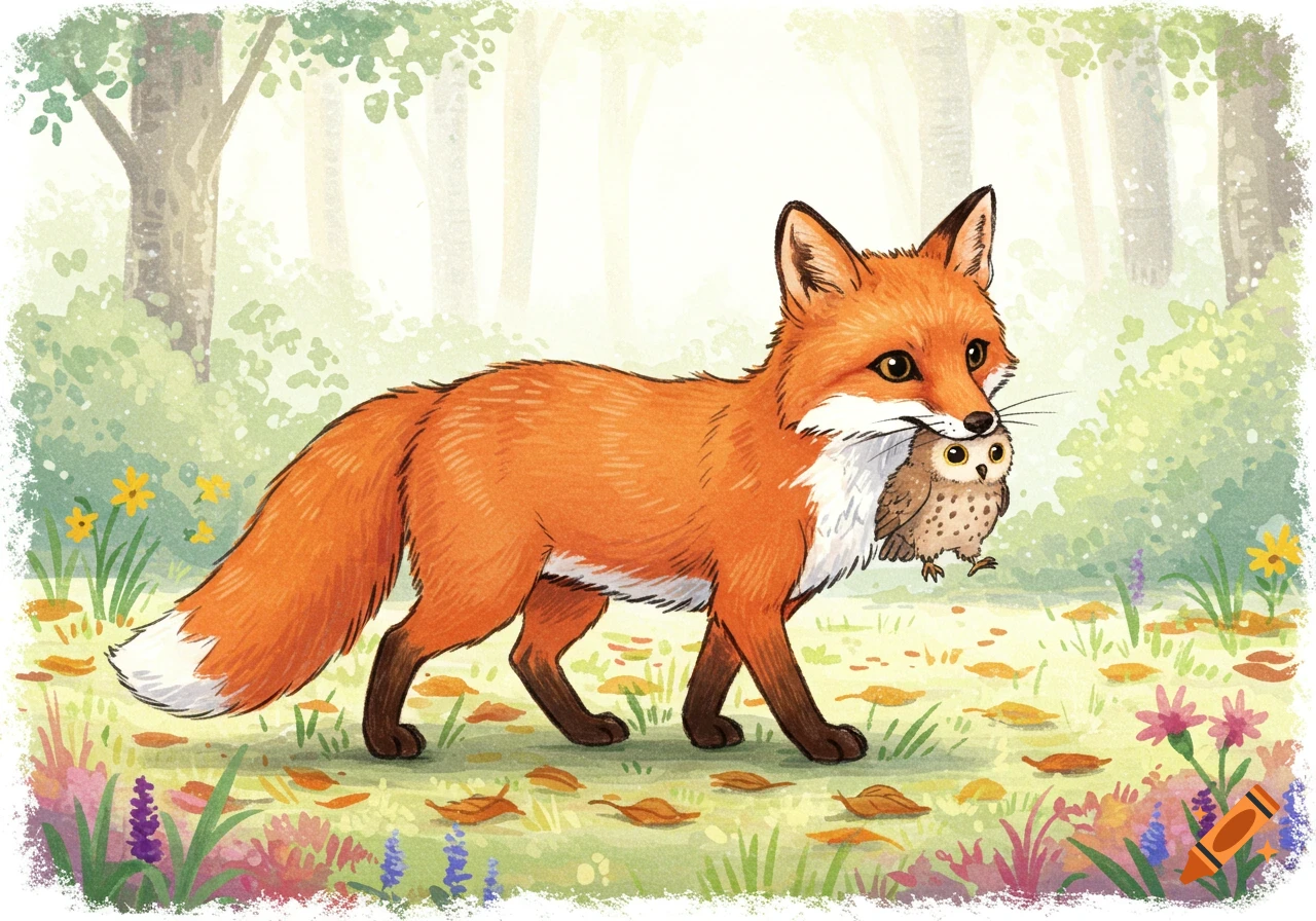 A charming children's illustration of an orange fox carrying a tiny brown owl in its mouth, walking through a vibrant forest with scattered leaves and colorful flowers.