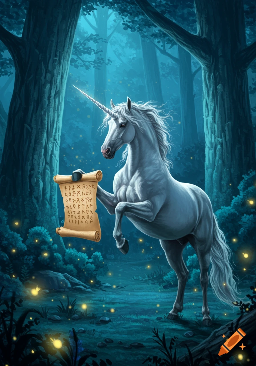A majestic white unicorn rears up in a mystical, blue-hued forest at night, holding an ancient scroll with glowing fireflies.