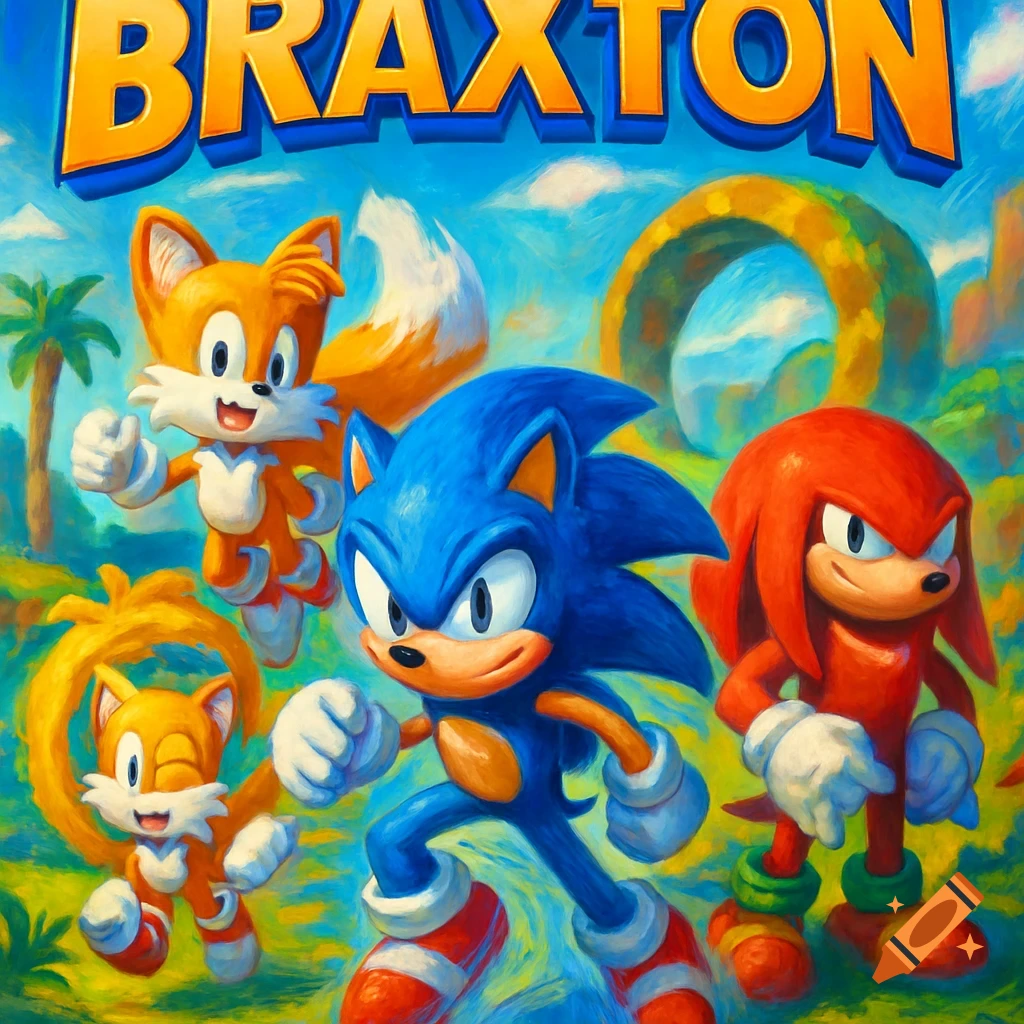Vibrant illustration of Sonic, two Tails, and Knuckles running in a colorful landscape, with 'BRAXTON' text above.