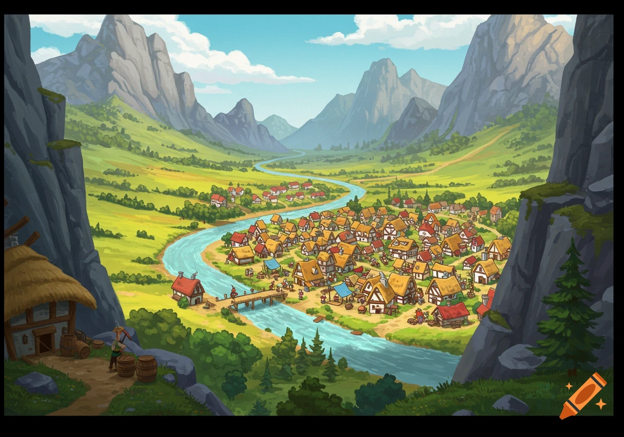 Cartoon aerial view of a vibrant village with thatched roofs along a winding river, surrounded by towering, angular mountains.