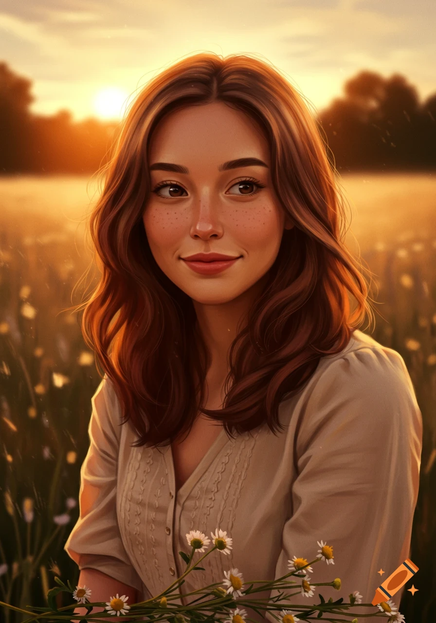 A young woman with long brown hair and freckles smiles, holding white daisies in a sun-drenched field at sunset.