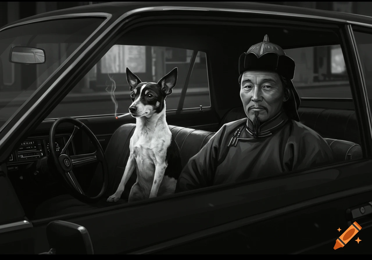 A black and white image of a rat terrier dog smoking a cigarette in the driver's seat of a car, with a Mongolian man in the passenger seat.