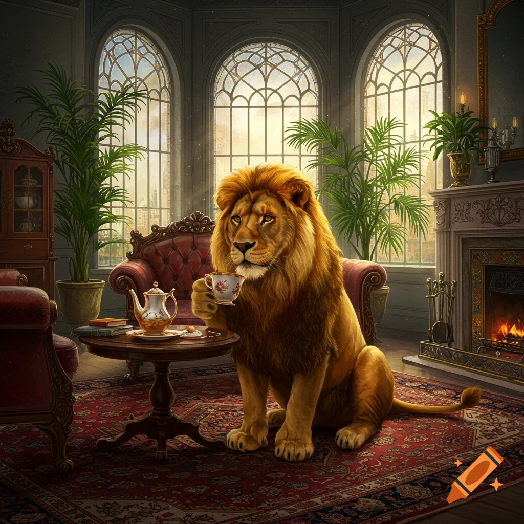 A photorealistic lion drinks tea from a cup in a luxurious, ornate room with large arched windows and a fireplace.