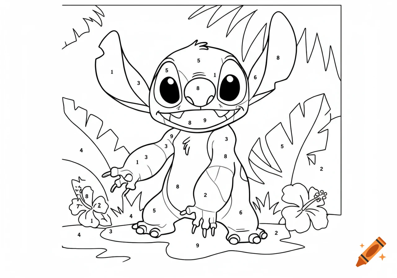 Black and white line art coloring page of Stitch with numbers, surrounded by tropical leaves and flowers.
