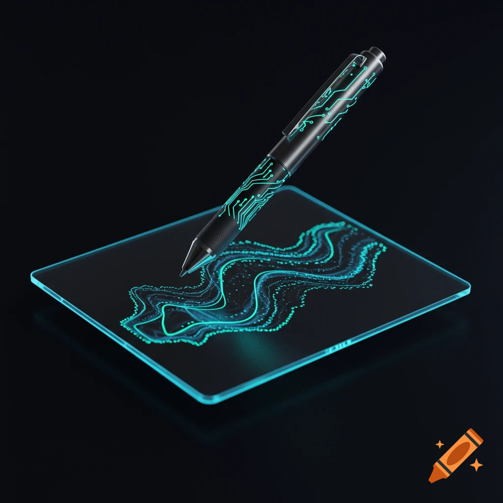 Black pen with green circuit patterns drawing glowing green lines on a transparent digital pad against a dark background.