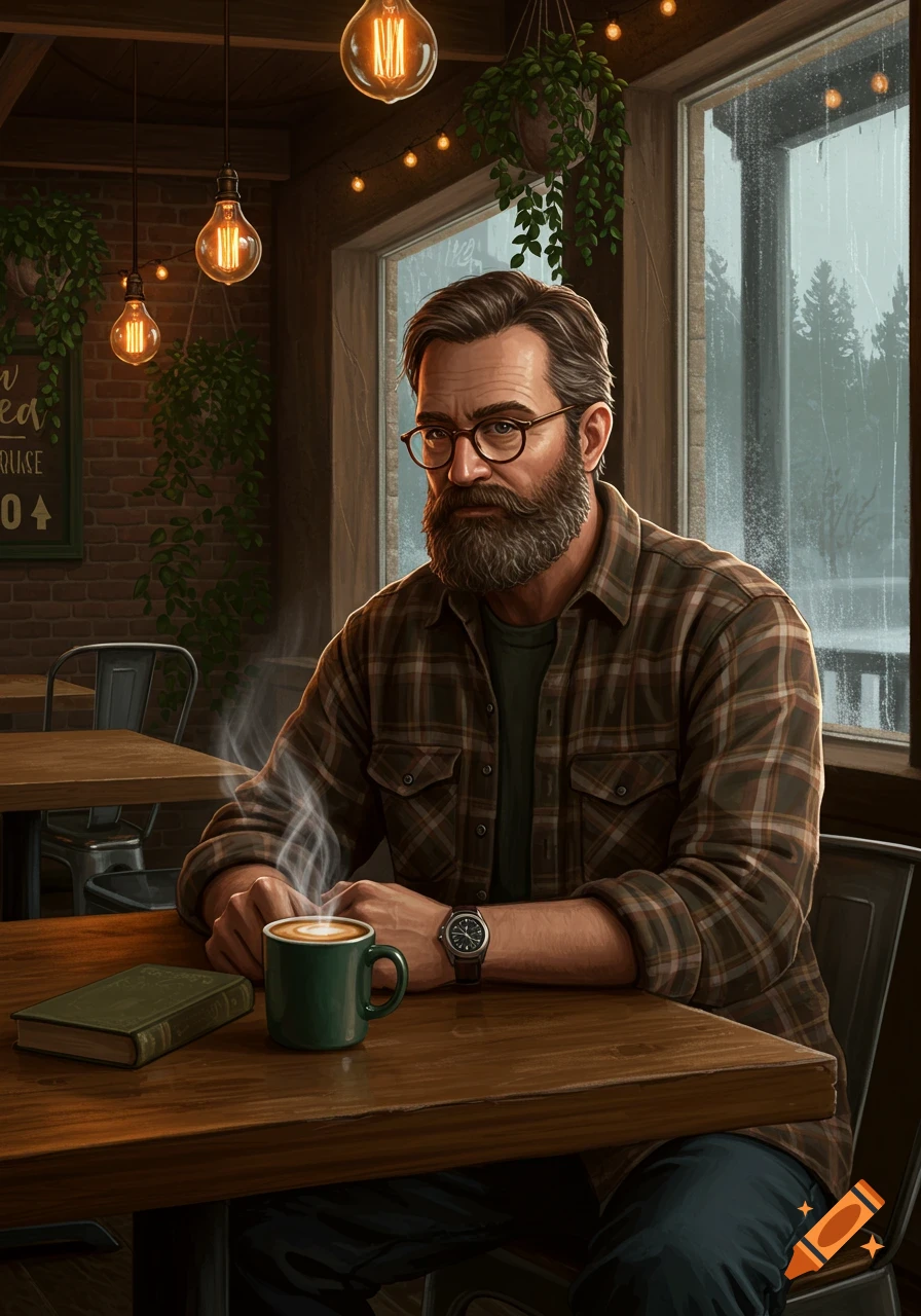 A middle-aged man with a beard and glasses sits in a cozy coffee shop, holding a steaming mug, with rain visible outside.