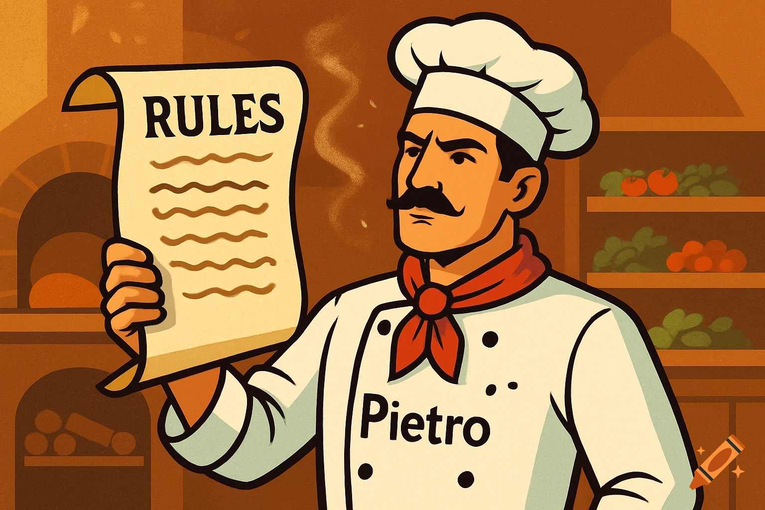 Determined chef Pietro in a white uniform and chef hat holds a scroll labeled 'RULES' in a vector art style.