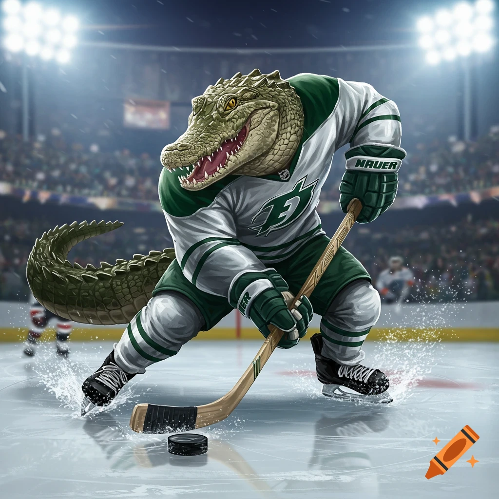 A cartoon alligator mascot in a green and white hockey uniform skating on ice with a stick and puck in an arena.