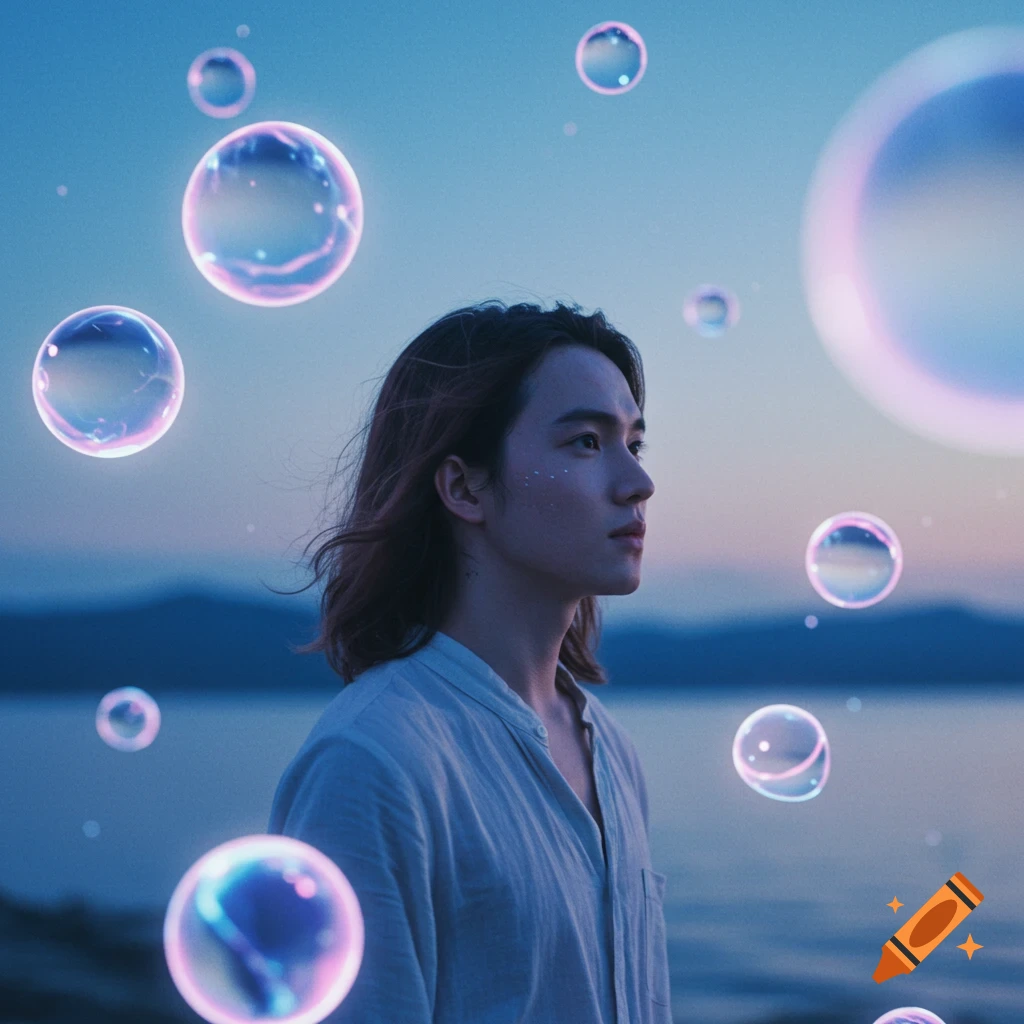 A person with long hair gazes into the distance at dusk, surrounded by glowing, iridescent bubbles, creating a dreamlike scene.