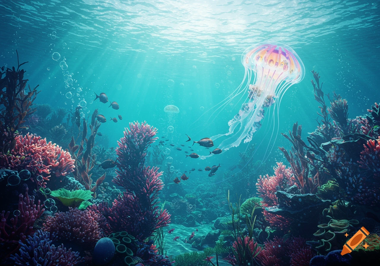 Vibrant underwater scene with a large, glowing jellyfish, colorful coral, and tropical fish swimming in sunlit turquoise water.