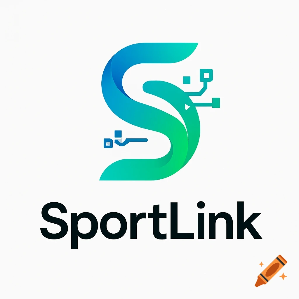 A blue-green gradient S-shaped logo with circuit board elements, above the word 'SportLink'.