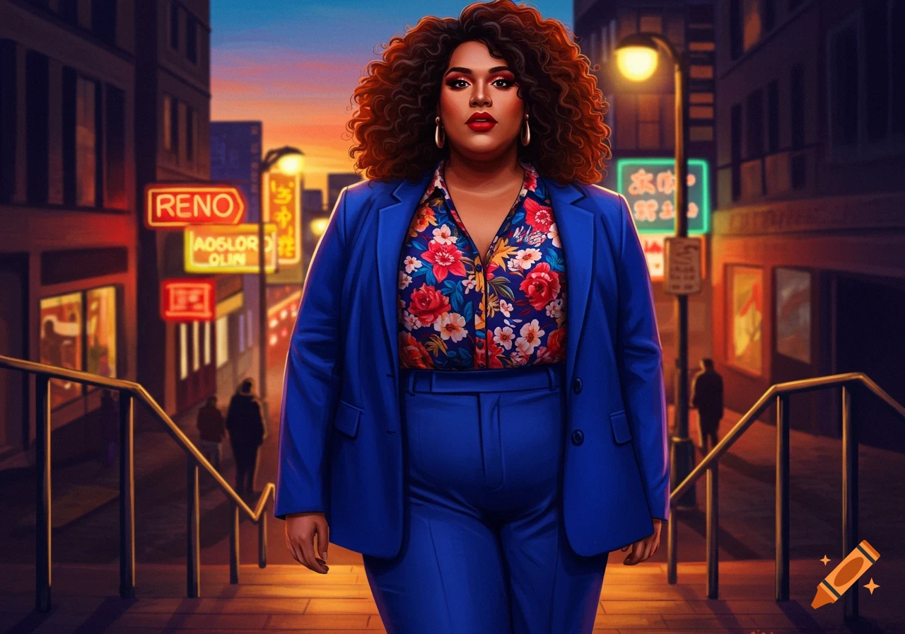Digital art of a woman in a blue suit and floral shirt standing on a neon-lit city street.