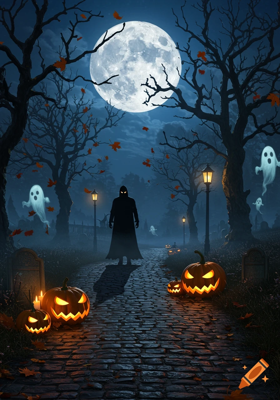 A spooky cloaked figure stands on a cobblestone path in a moonlit graveyard with jack-o'-lanterns, bare trees, and flying ghosts.