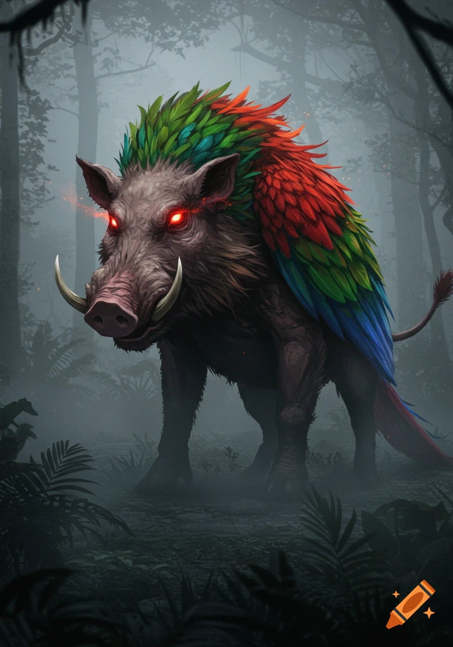 A menacing monster with a pig's head, red glowing eyes, tusks, and a body of vibrant parrot feathers, standing in a foggy, dark forest.