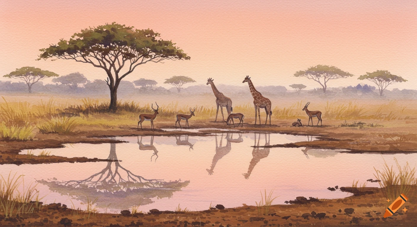 Watercolor painting of giraffes and antelopes gathered at a savanna waterhole during sunset, with trees in the background.