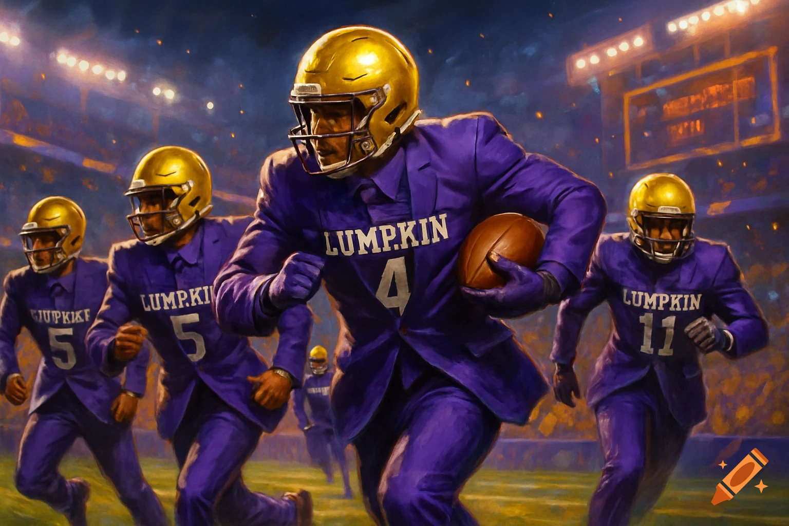 Painterly image of football players in purple suits and gold helmets running on a stadium field at night.