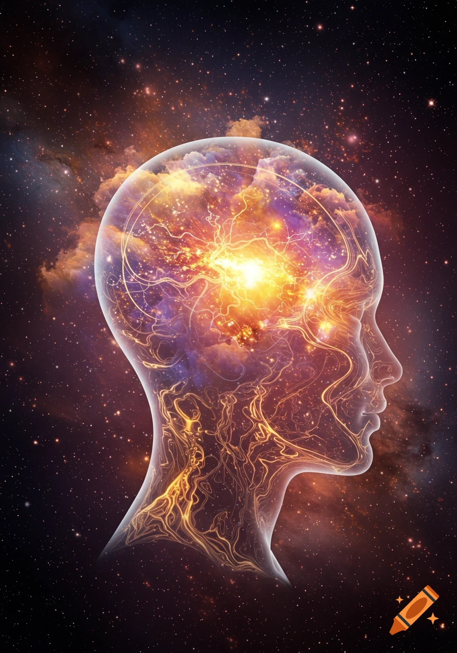 Translucent human head profile with a glowing cosmic brain and nebula against a starry night sky.