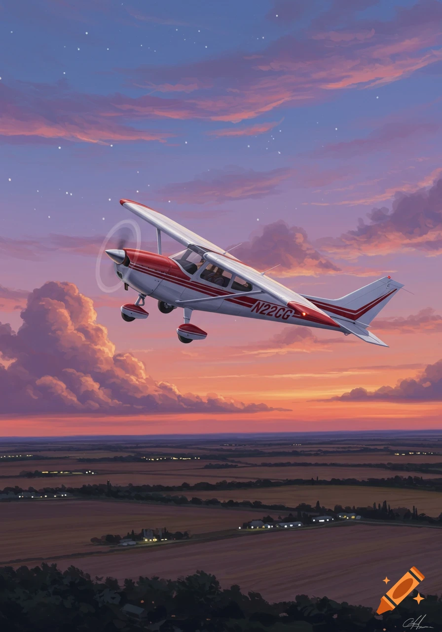 A red and white single-engine airplane flying through a colorful sunset sky with purple and orange clouds over a dark, lit-up landscape. Illustration.