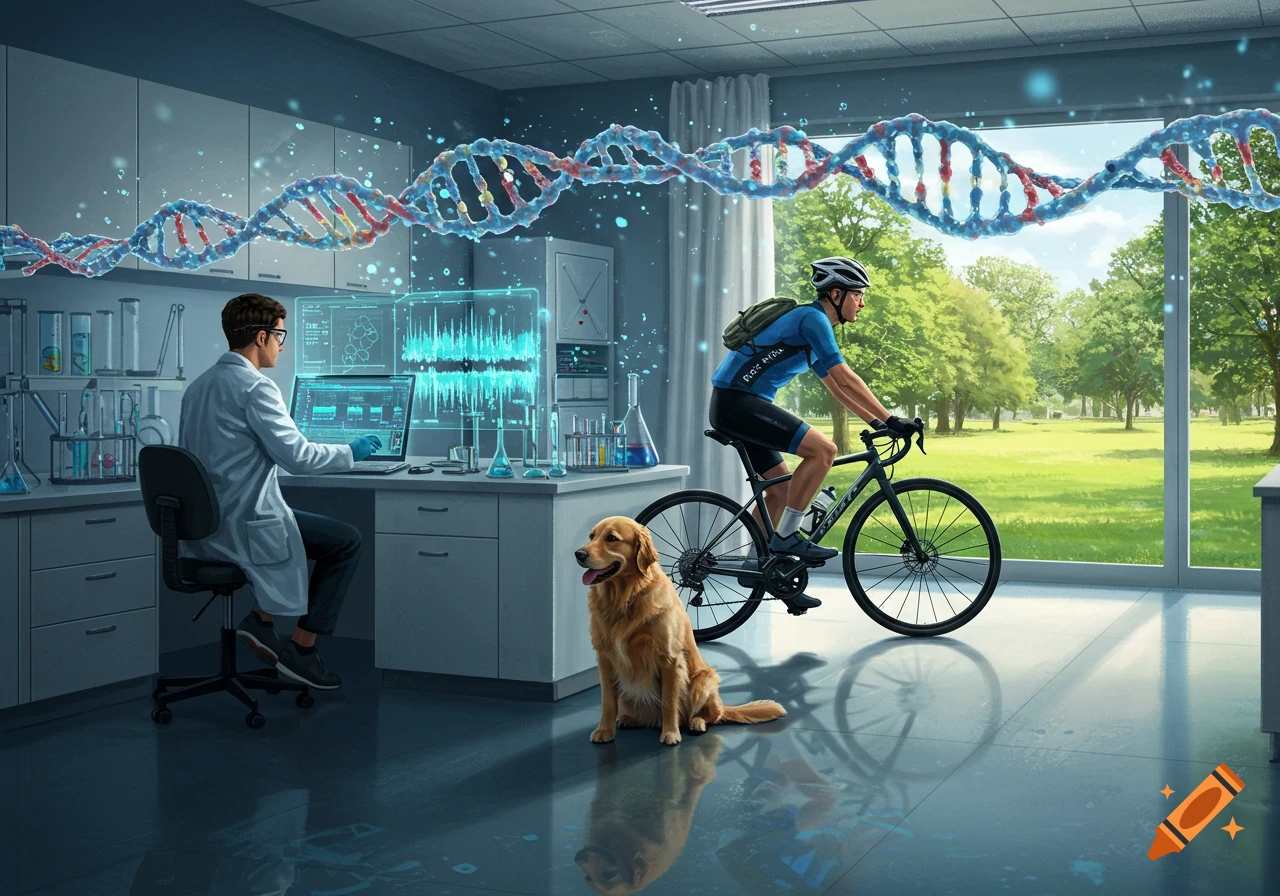 A scientist in a lab with glowing DNA, a cyclist, and a golden retriever by a large window overlooking a park.