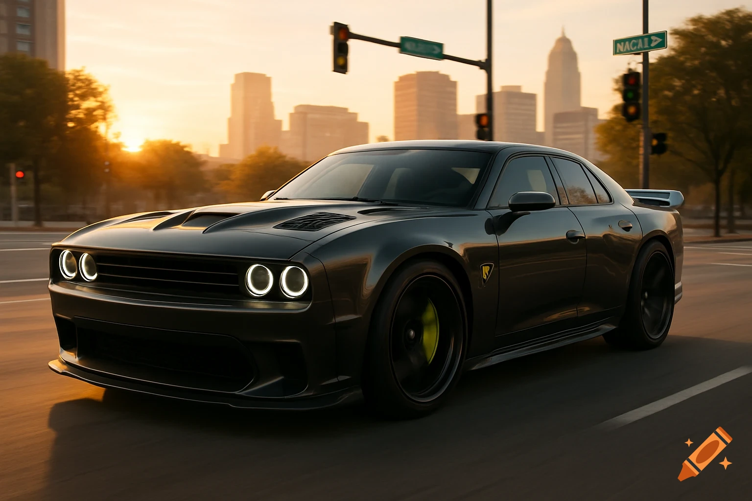 A dark grey concept car with glowing circular headlights and neon yellow brake calipers drives on a city street at sunrise, with a blurred cityscape in the background.