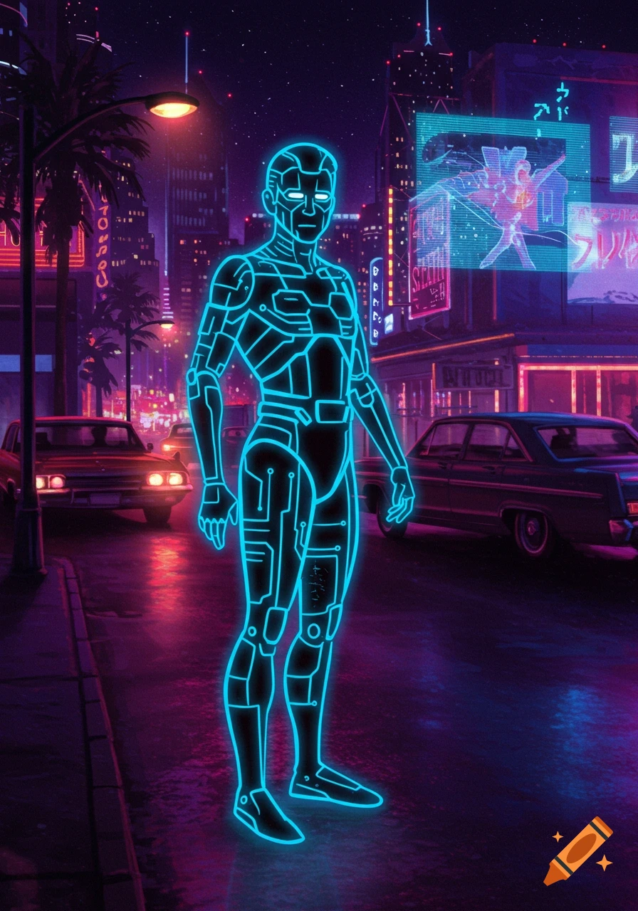 Neon blue robot on a futuristic cyberpunk city street at night with glowing signs and cars.