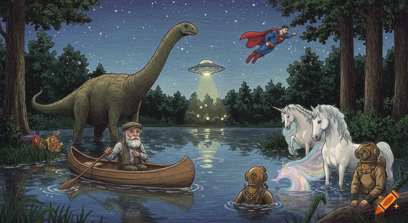 A whimsical illustration of an old man rowing a canoe at night, surrounded by a long-necked dinosaur, a UFO, Superman flying, two unicorns, and two divers in vintage gear. Stars fill the sky.