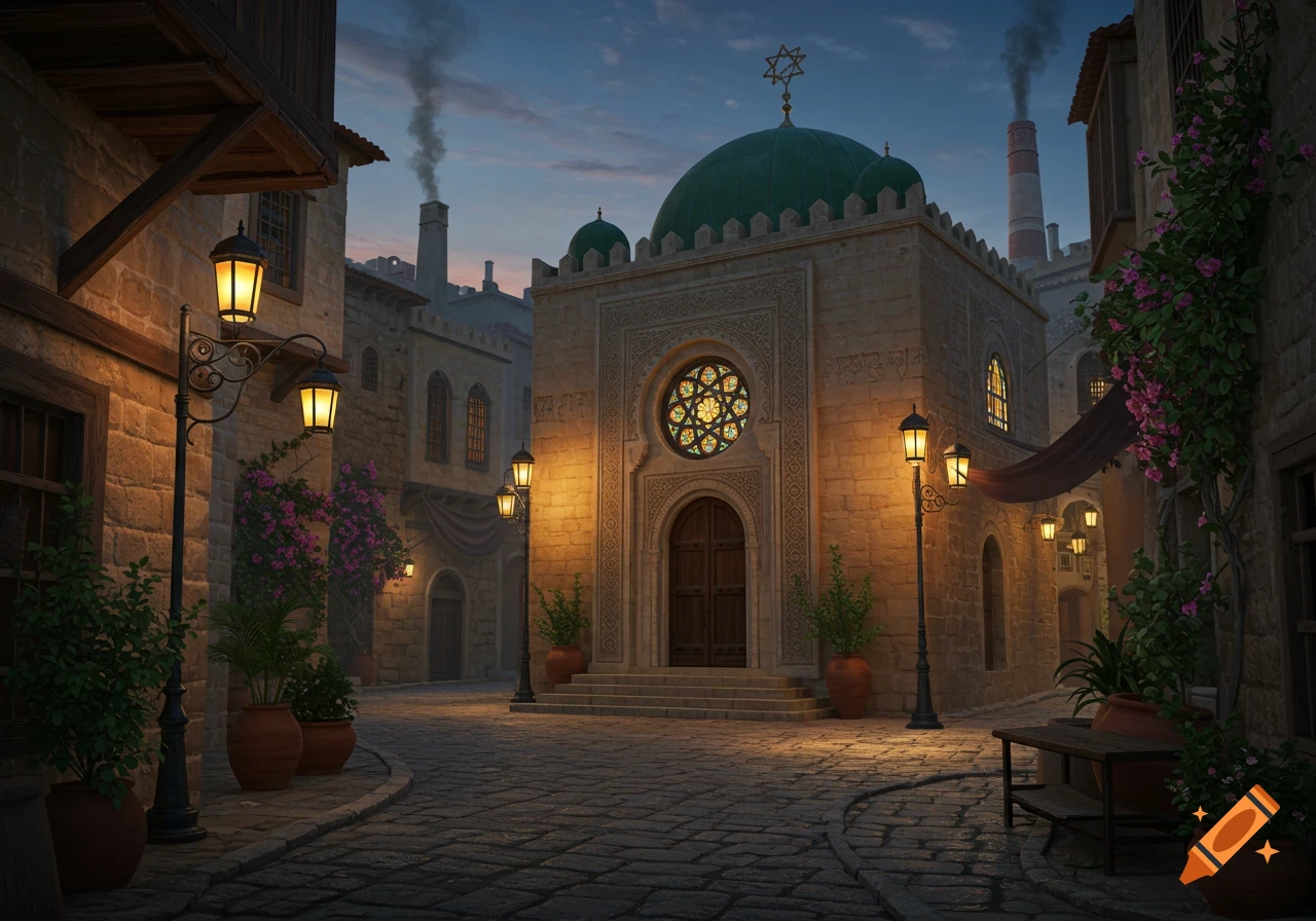 An old, illuminated street at dusk, leading to a building with a green dome and a Star of David, and a stained glass window. Smoke rises from industrial chimneys in the background.