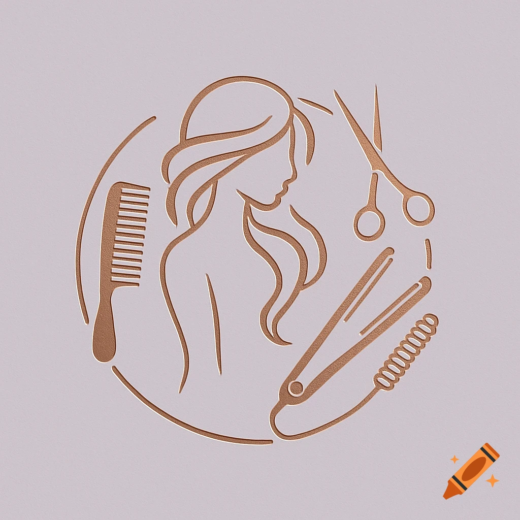 Minimalist gold embossed logo for a hairdresser, showing a woman's profile, comb, scissors, straightener, and curlers.