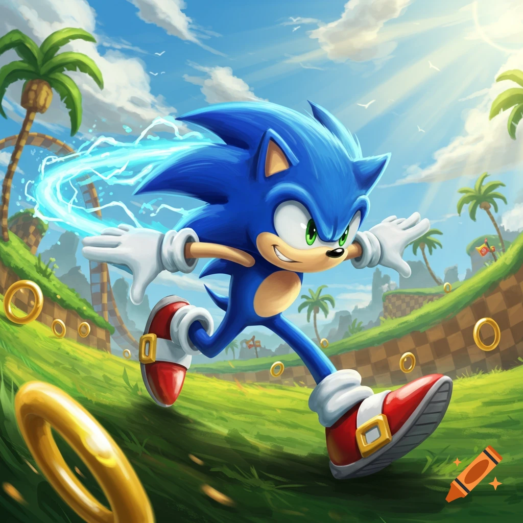 Sonic the Hedgehog speeds through a vibrant Green Hill Zone-like landscape with palm trees and golden rings under a bright blue sky.
