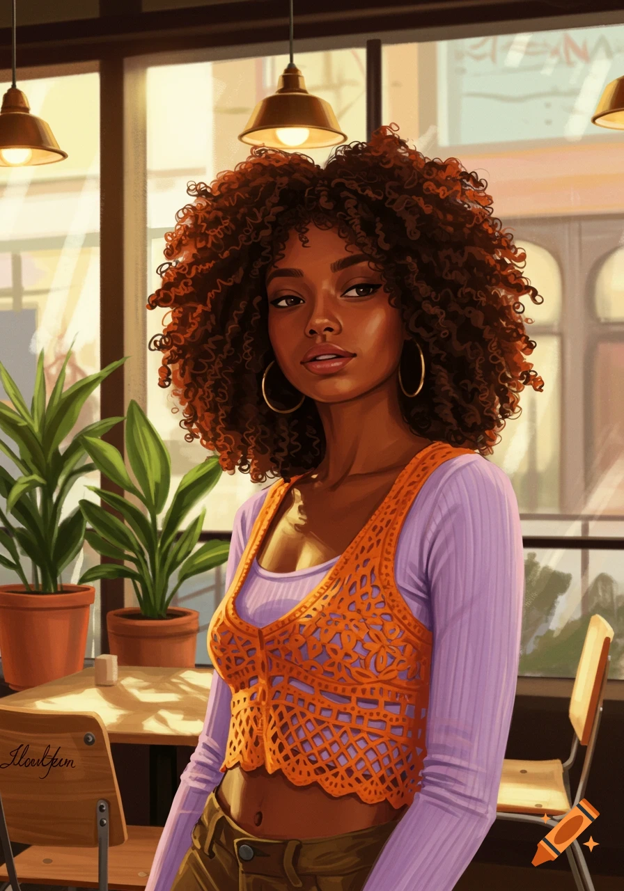 An illustrated portrait of a Black woman with curly hair wearing an orange crochet vest over a lilac long-sleeve shirt in a cafe.
