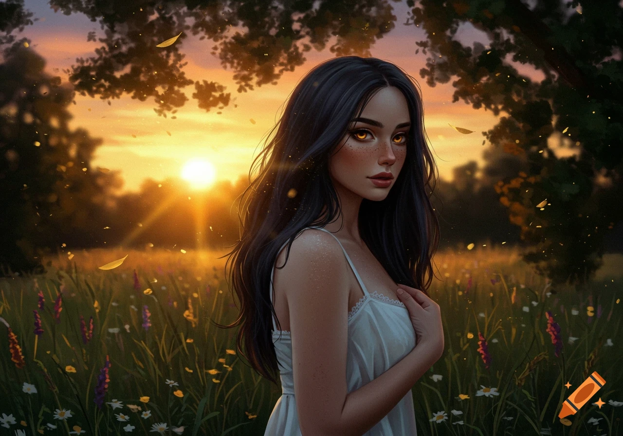 A fantasy illustration of a woman with dark hair and glowing orange eyes standing in a field of wildflowers at sunset.
